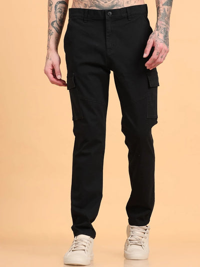 Silisoul Black Regular Fit Cotton Mid-Rise Button Woven Trousers