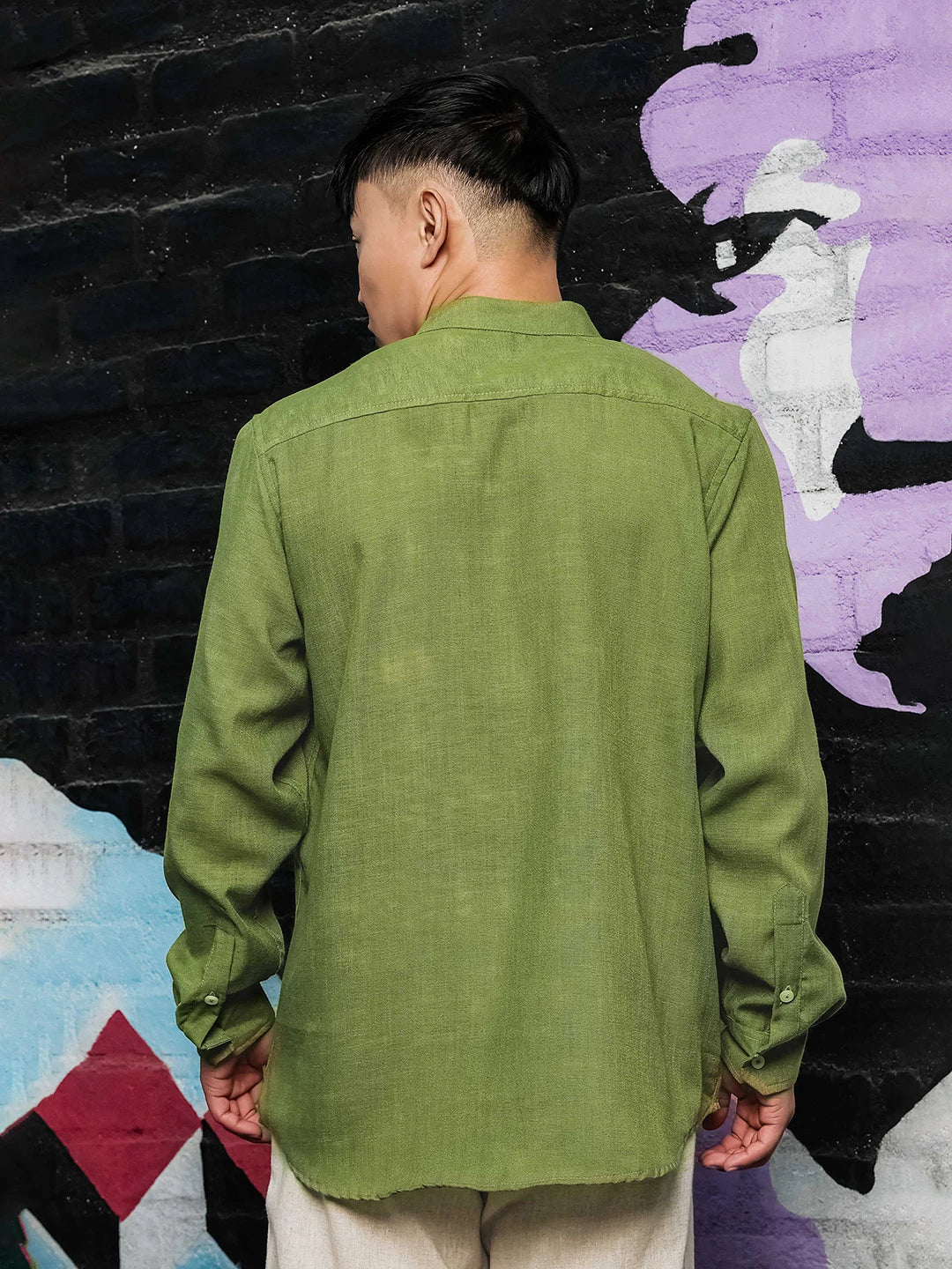 House Of Koala Olive Matcha Linen-Blend Mandarin Collar Relaxed Fit Shirt