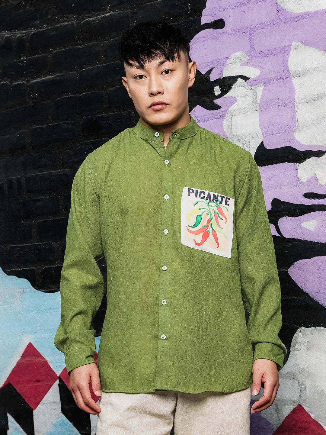 House Of Koala Olive Matcha Linen-Blend Mandarin Collar Relaxed Fit Shirt