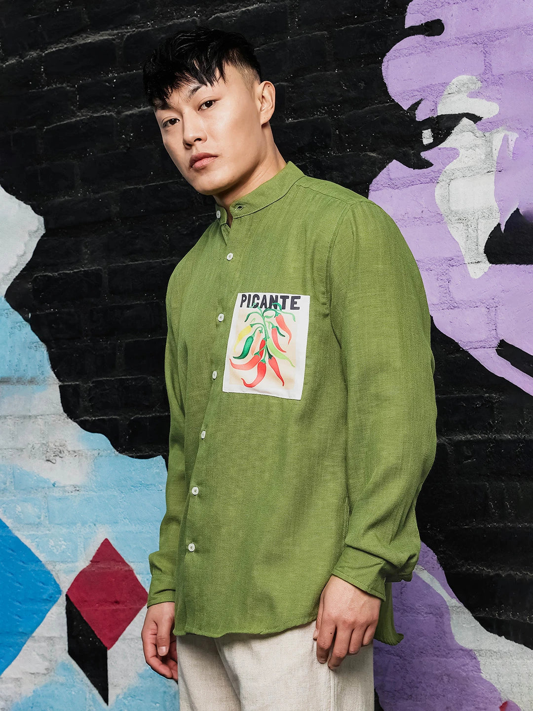 House Of Koala Olive Matcha Linen-Blend Mandarin Collar Relaxed Fit Shirt