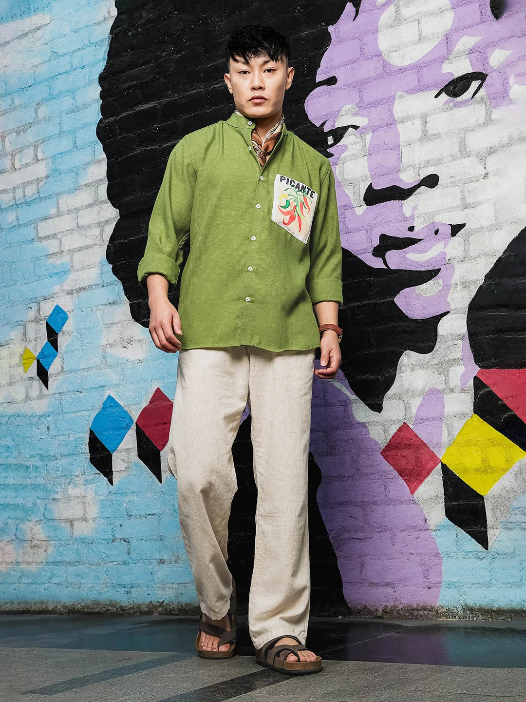 House Of Koala Olive Matcha Linen-Blend Mandarin Collar Relaxed Fit Shirt
