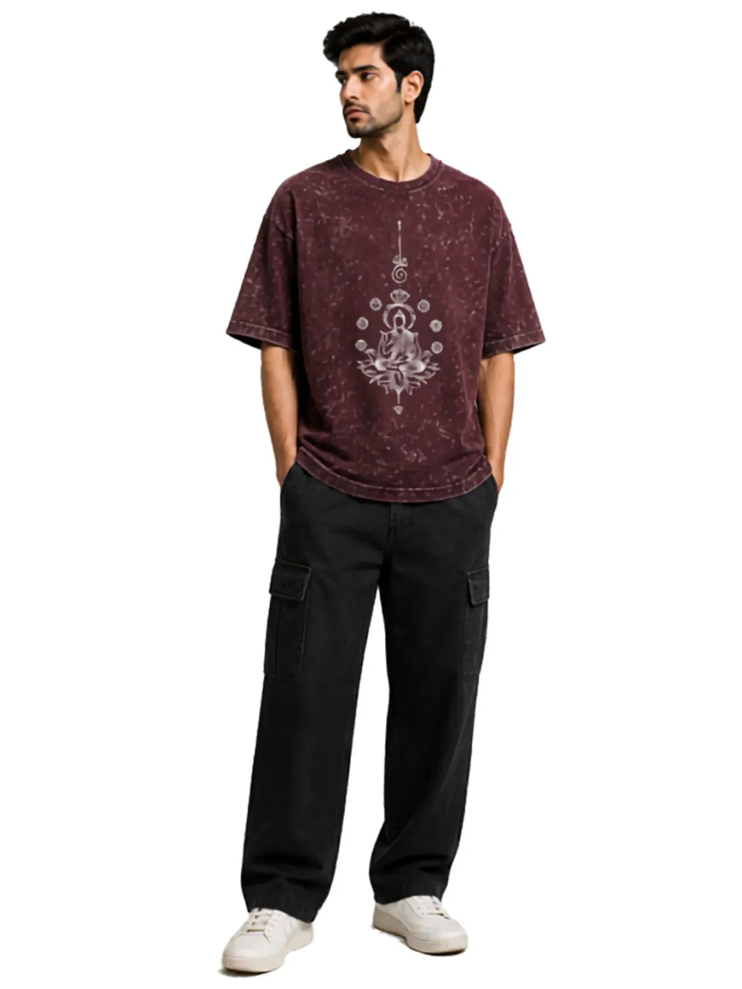 Arya Maroon Oversized Meditating Buddha Print Half Sleeve Cotton T-Shirt
