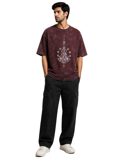 Arya Maroon Oversized Meditating Buddha Print Half Sleeve Cotton T-Shirt
