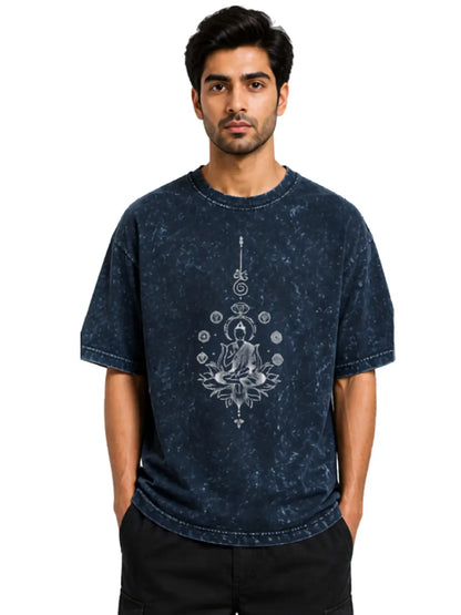 Arya Navy Blue Oversized Meditating Buddha Print Half Sleeve Cotton T-Shirt