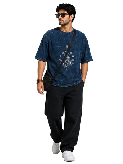 Arya Navy Blue Oversized Meditating Buddha Print Half Sleeve Cotton T-Shirt