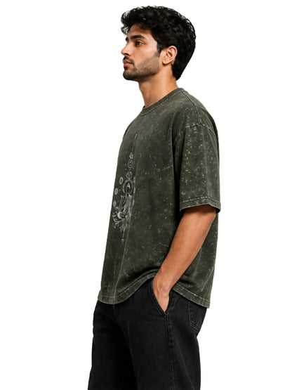 Arya Olive Green Oversized Meditating Buddha Print Half Sleeve Cotton T-Shirt