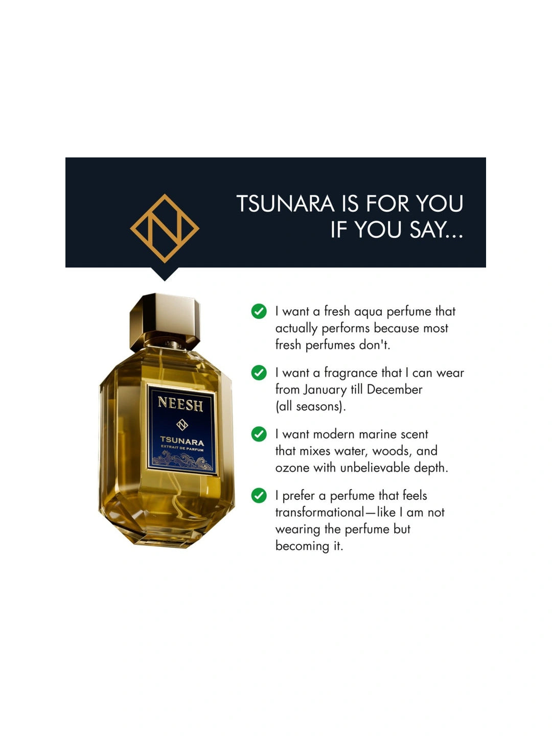 Neesh Perfumes Tsunara – Luxury Long Lasting Fresh Aquatic Woody Unisex Perfume with Ozone, Marine Notes & Cashmeran – Extrait De Parfum – 15ml