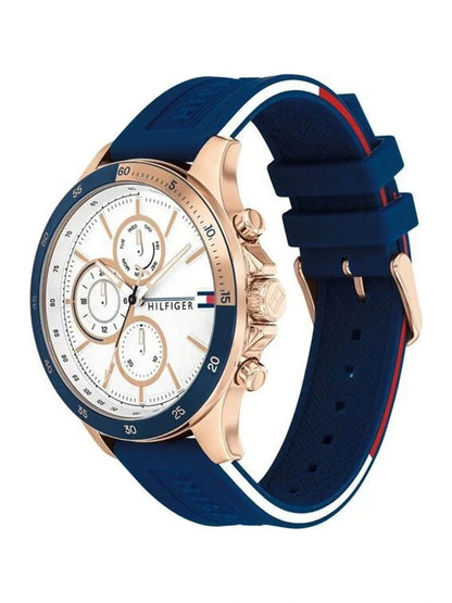 Tommy Hilfiger Round White Dial Chronograph Watch With Blue Silicone Strap  - NETH1791778