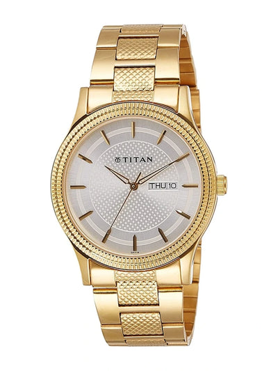 Titan Round Silver Dial Analog Watch With Day & Date Display & Golden Metal Strap  - NL1650YM05