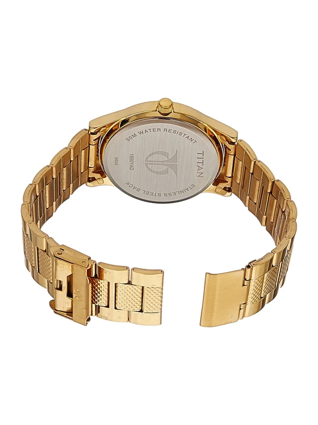 Titan Round Silver Dial Analog Watch With Day & Date Display & Golden Metal Strap  - NL1650YM05