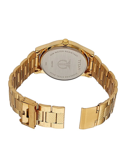Titan Round Silver Dial Analog Watch With Day & Date Display & Golden Metal Strap  - NL1650YM05