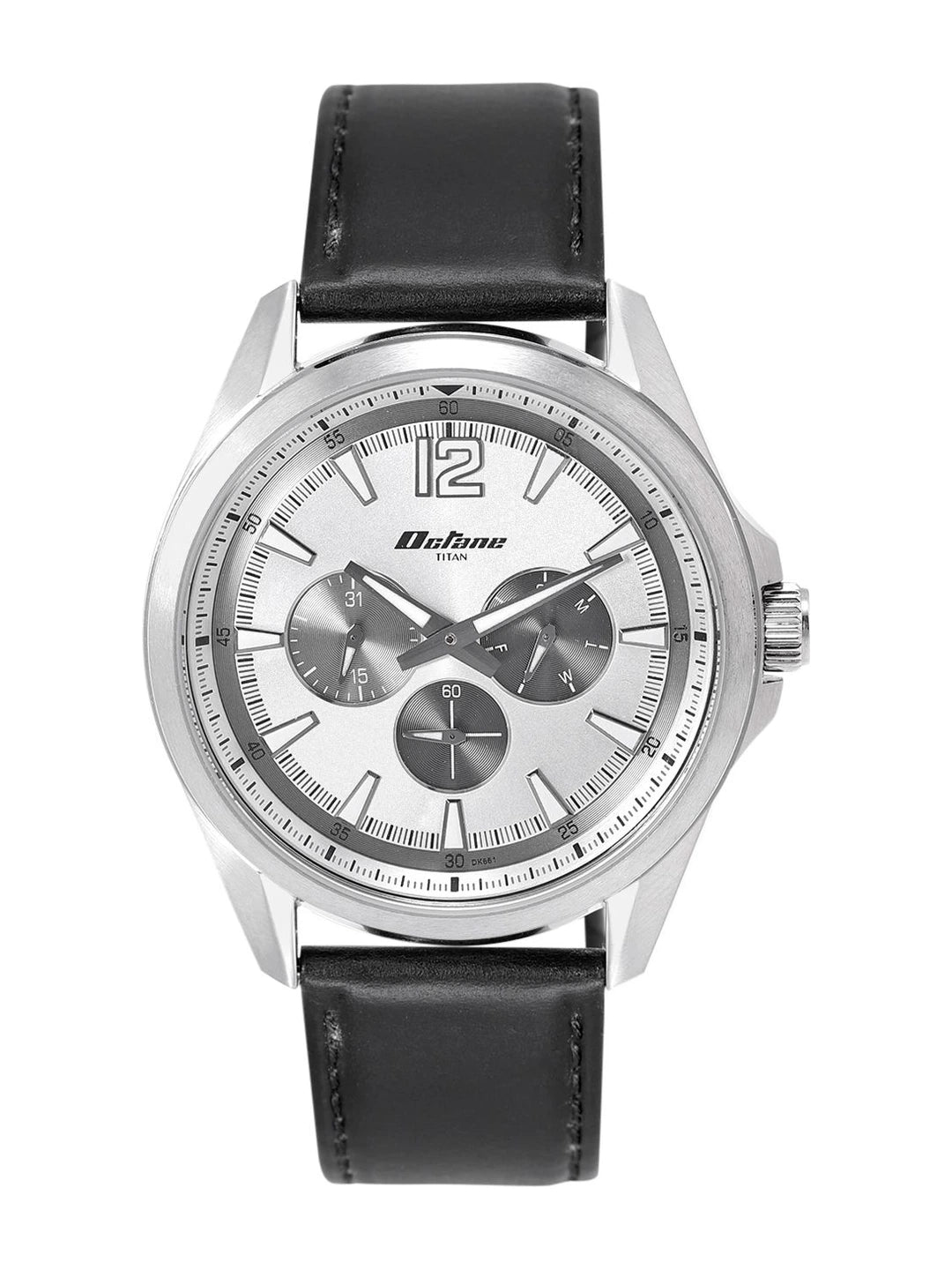 Titan Round Silver-Toned Dial Analog Watch With Day-Date Display & Leather Strap - NP90124SL01