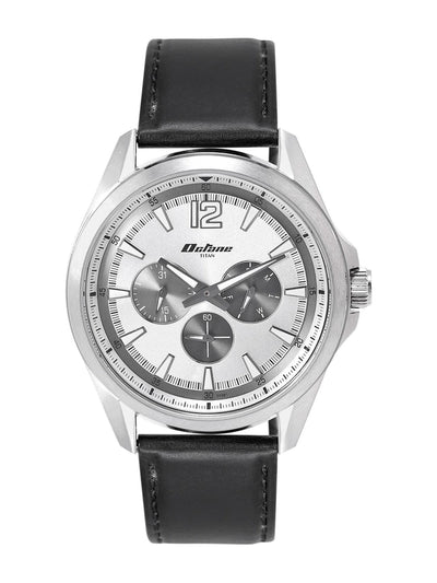 Titan Round Silver-Toned Dial Analog Watch With Day-Date Display & Leather Strap - NP90124SL01