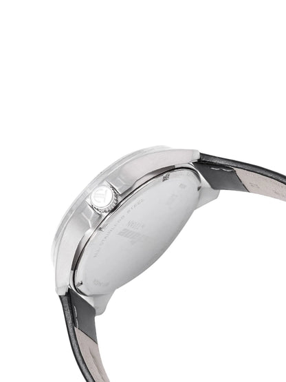 Titan Round Silver-Toned Dial Analog Watch With Day-Date Display & Leather Strap - NP90124SL01