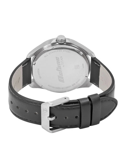 Titan Round Silver-Toned Dial Analog Watch With Day-Date Display & Leather Strap - NP90124SL01