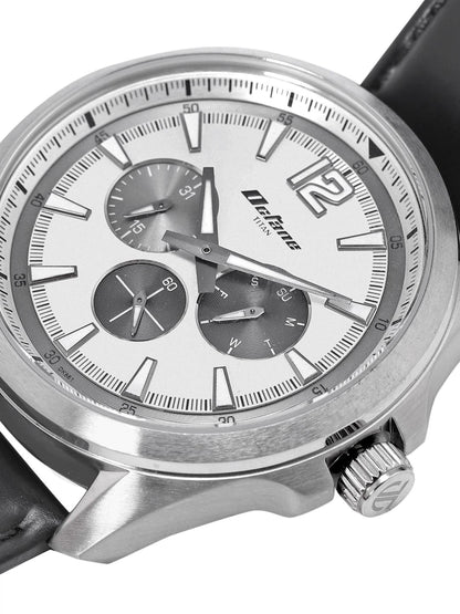 Titan Round Silver-Toned Dial Analog Watch With Day-Date Display & Leather Strap - NP90124SL01