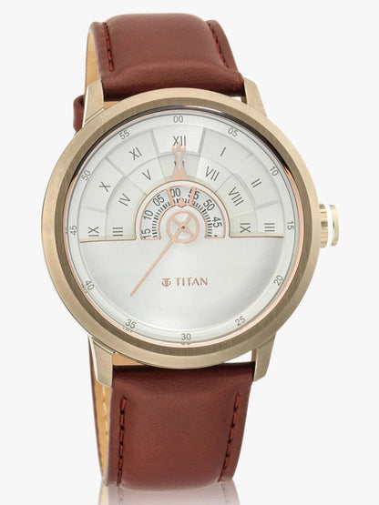 Titan Round White Dial Analog Watch With Brown Leather Strap  - NQ1828QL02