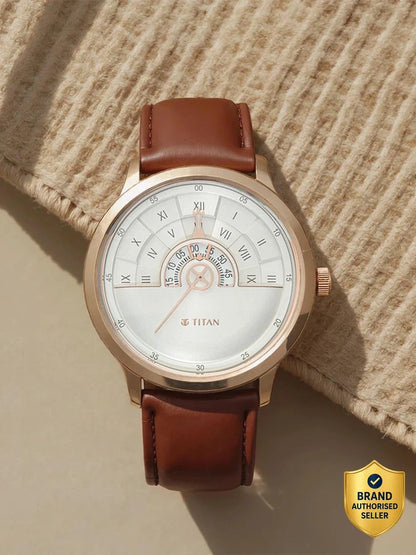 Titan Round White Dial Analog Watch With Brown Leather Strap  - NQ1828QL02