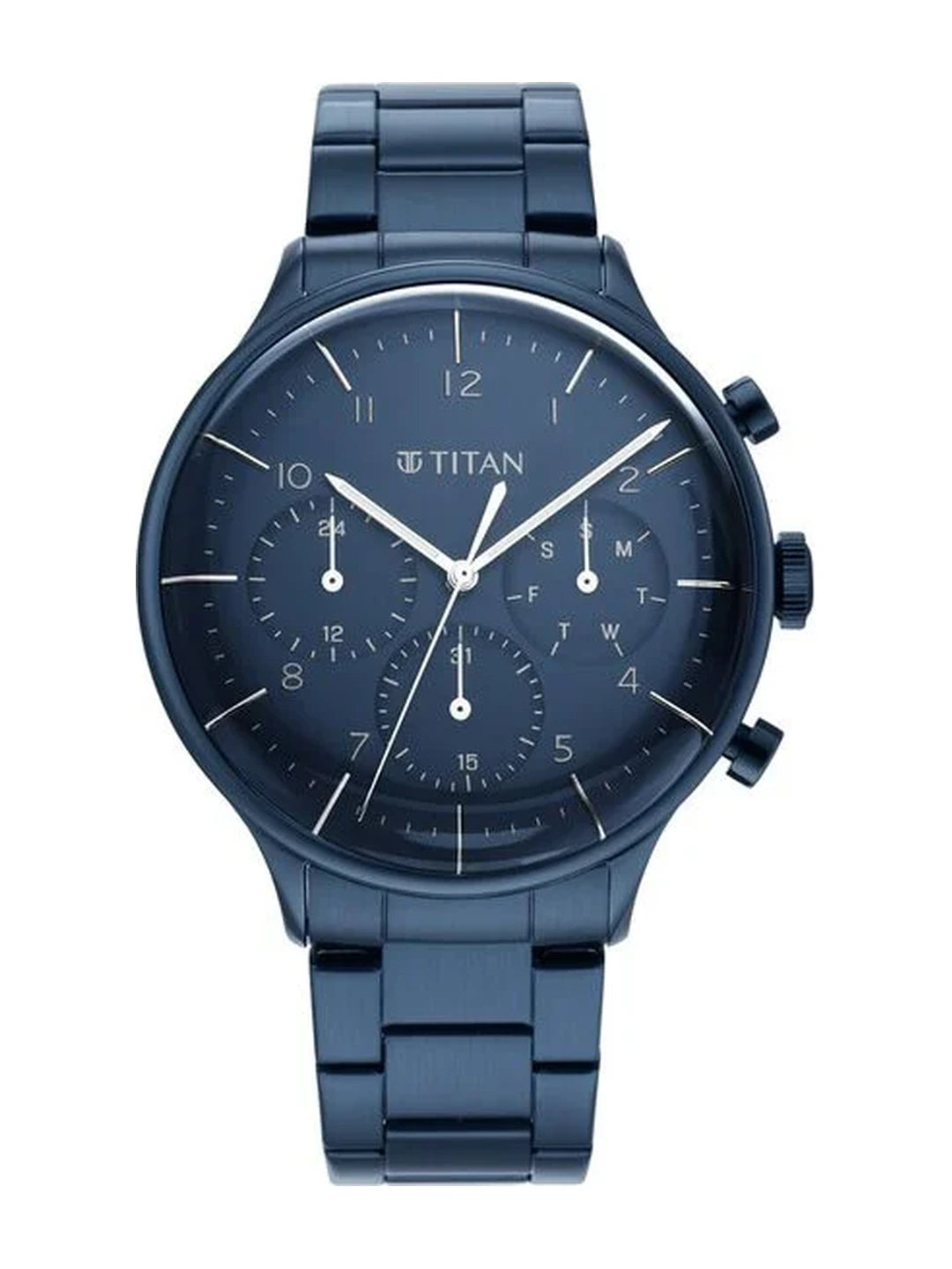Titan Round Blue Dial Multifunction Watch With Blue Metal Strap - NS90102QM01