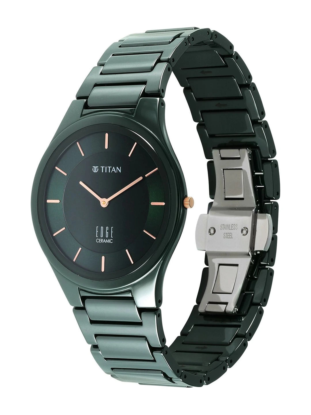 Titan Edge Ceramic Quartz Analog With Green Dial Watch - NT1696QC06