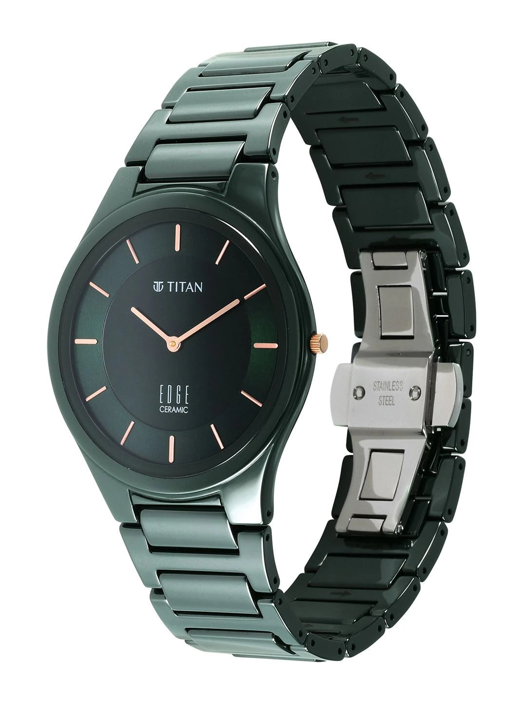 Titan Edge Ceramic Quartz Analog With Green Dial Watch - NT1696QC06