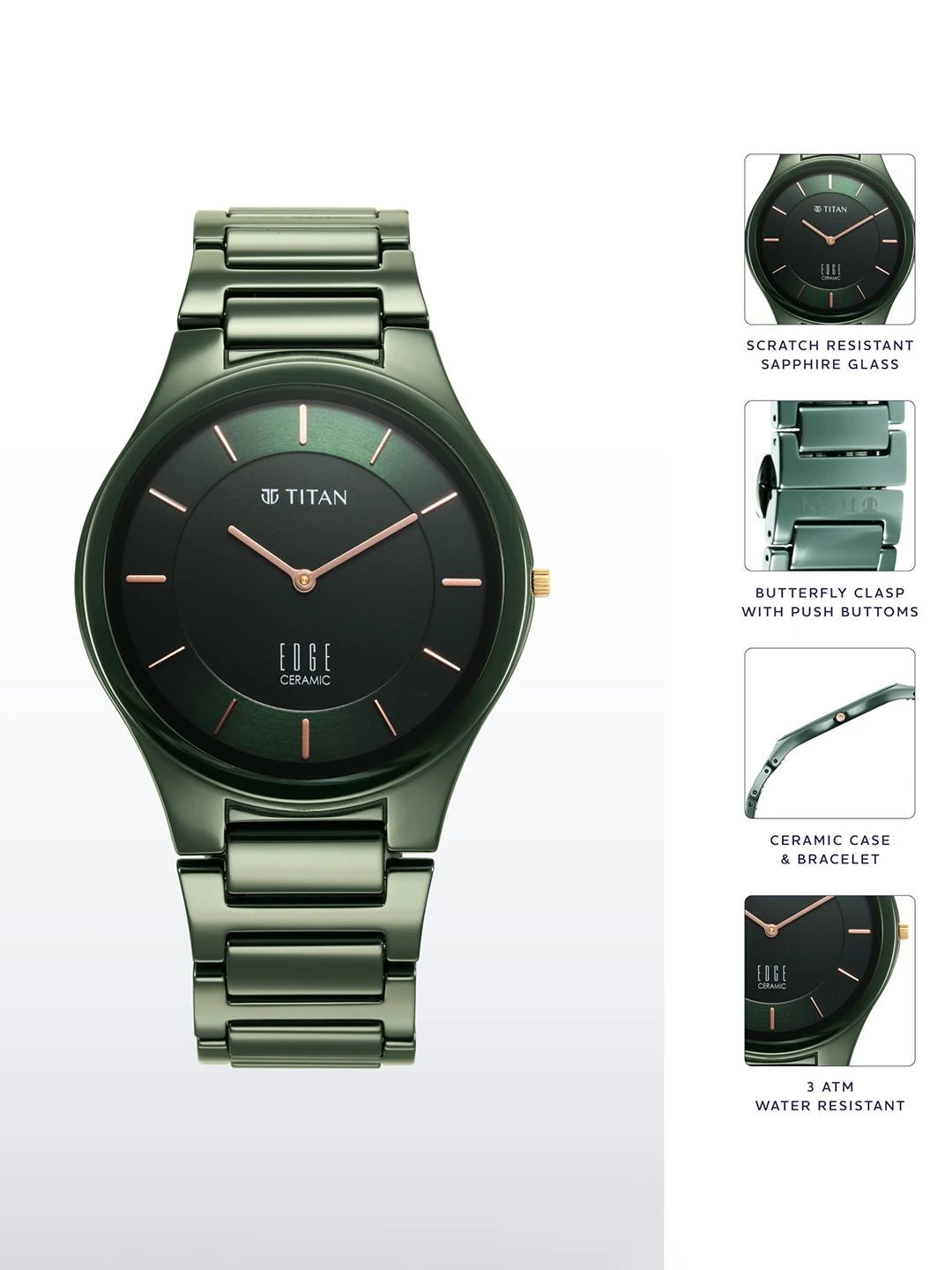 Titan Edge Ceramic Quartz Analog With Green Dial Watch - NT1696QC06