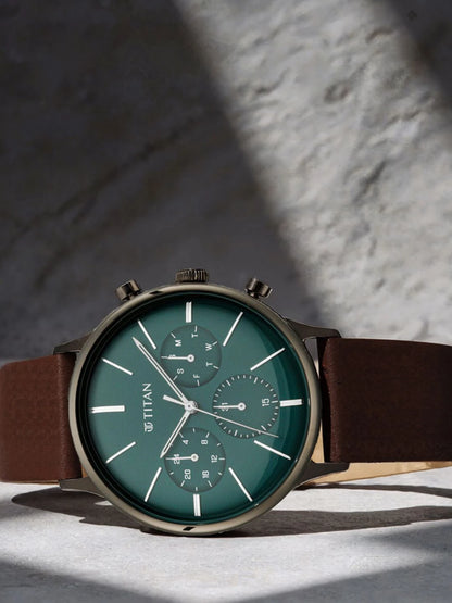 Titan Light Leathers Multifunction Analog With Green Dial Watch - NT90134QL01
