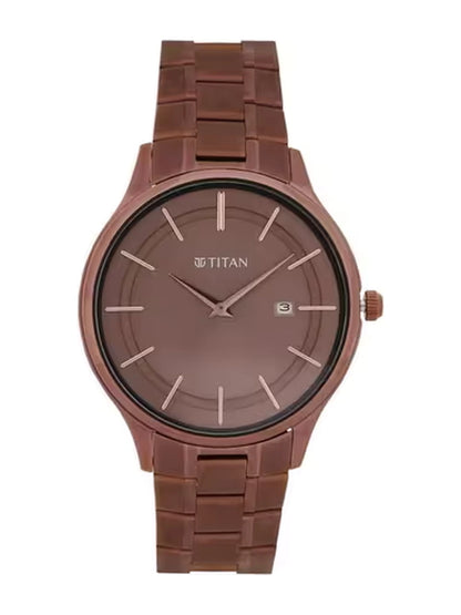 Titan Round Brown Dial Analog Watch With Day & Date Display & Metal Strap  - NT90142QM05