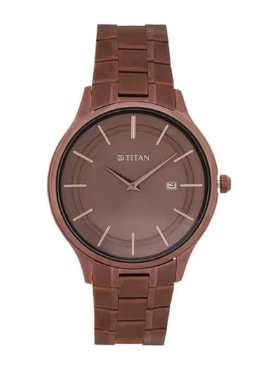 Titan Round Brown Dial Analog Watch With Day & Date Display & Metal Strap  - NT90142QM05