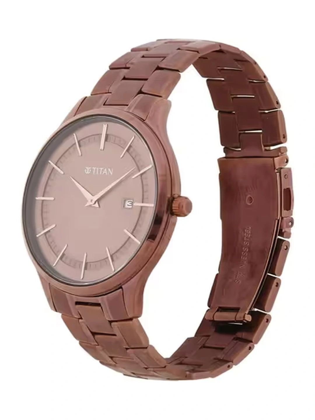 Titan Round Brown Dial Analog Watch With Day & Date Display & Metal Strap - NT90142QM05