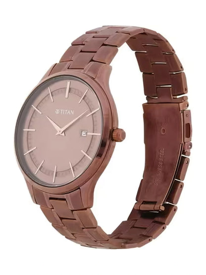 Titan Round Brown Dial Analog Watch With Day & Date Display & Metal Strap  - NT90142QM05