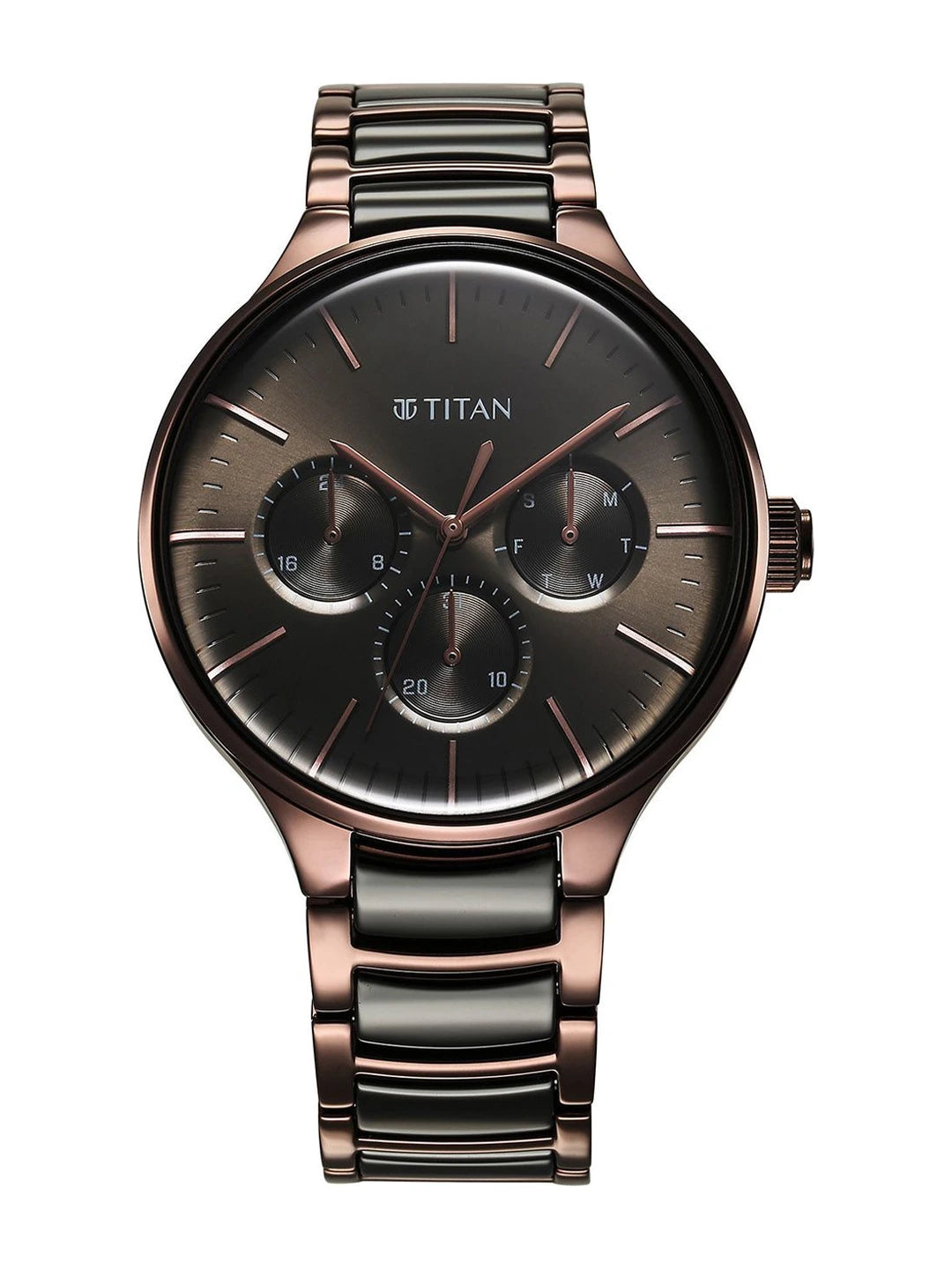 Titan Round Grey Dial Analog Watch With Multifunction Display & Metal Strap - NT90148KD05