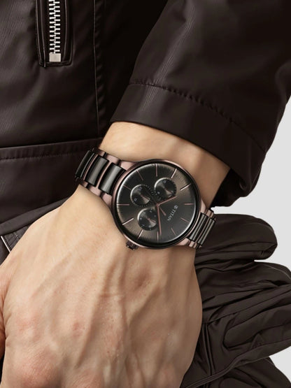 Titan Round Grey Dial Analog Watch With Multifunction Display & Metal Strap - NT90148KD05
