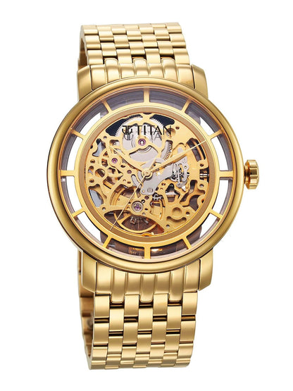Titan Mechanical Slimline Automatic With Golden Dial Watch - NT90158YM01
