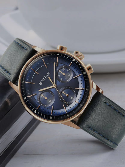 Titan Light Leathers Multifunction Analog With Blue Dial Watch - NT90171WL01