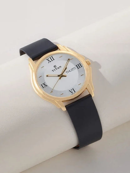 Titan Round Silver Dial Analog Watch With Day-Date Display & Leather Strap - NU1578YL04-MS