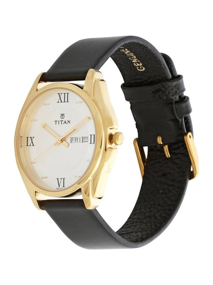 Titan Round Silver Dial Analog Watch With Day-Date Display & Leather Strap - NU1578YL04-MS