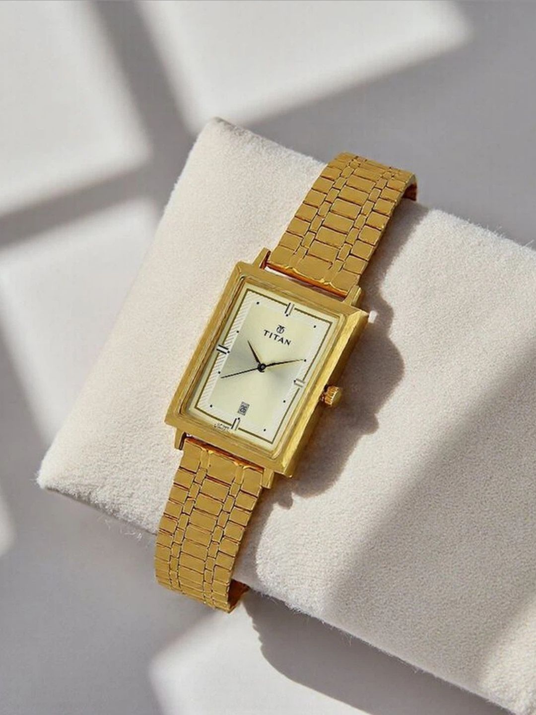 Titan Rectangular Champagne Dial Analog Watch - NU1715YM02