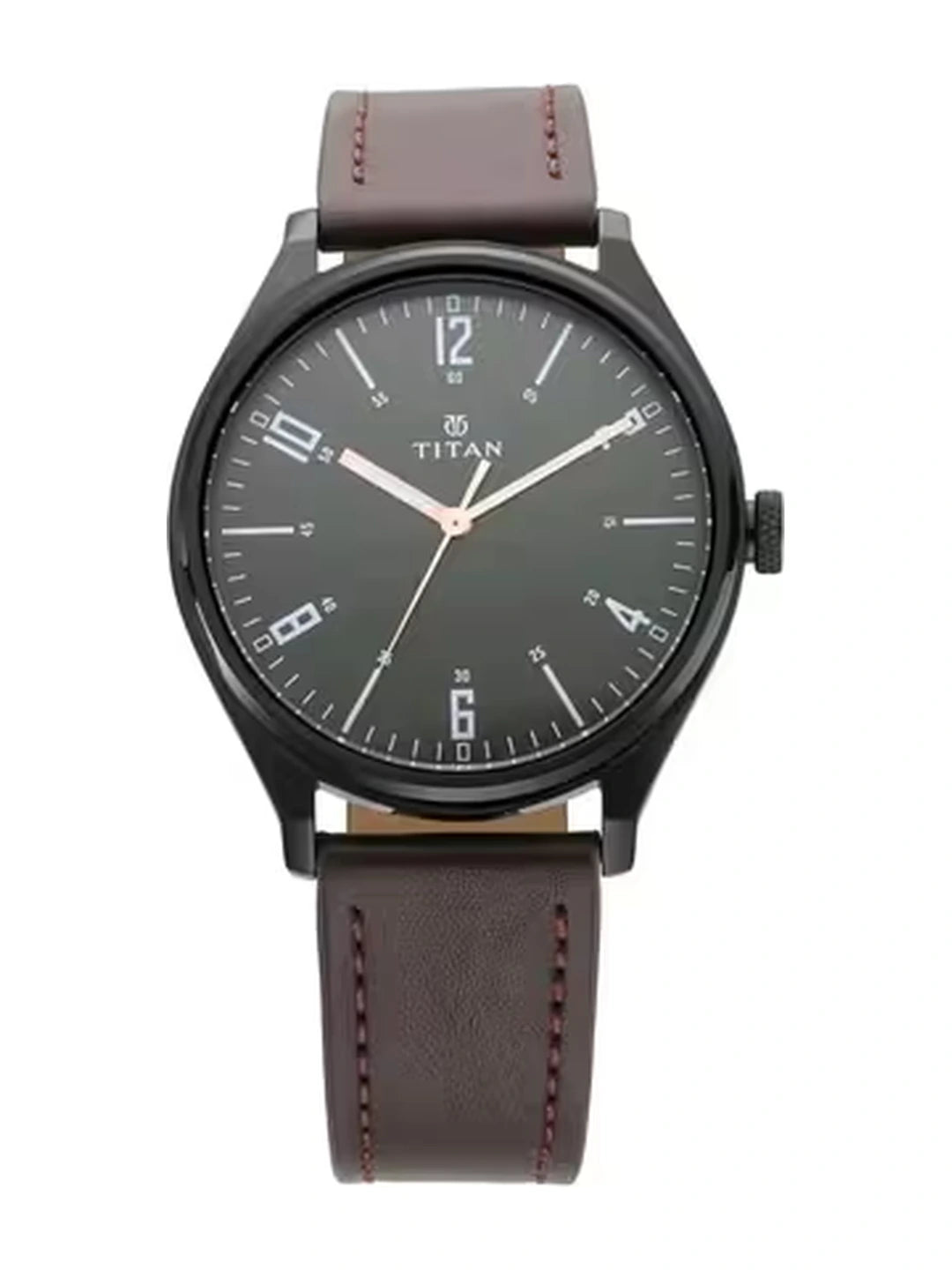 Titan Round Black Dial Analog Watch With Leather Strap  - NU1802NL01