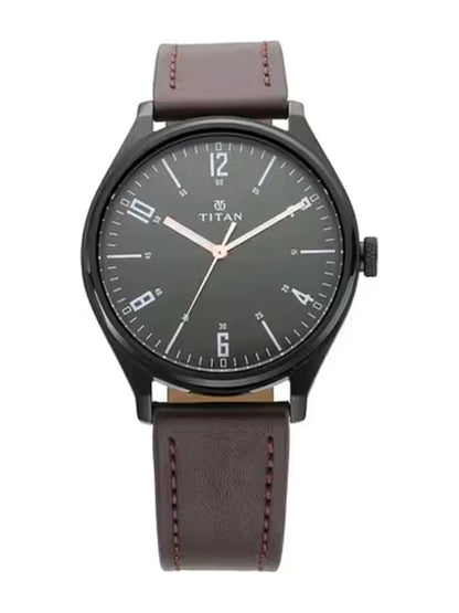 Titan Round Black Dial Analog Watch With Leather Strap  - NU1802NL01