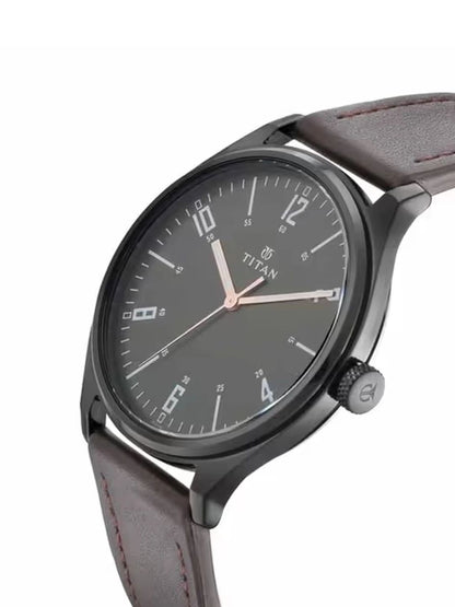 Titan Round Black Dial Analog Watch With Leather Strap  - NU1802NL01