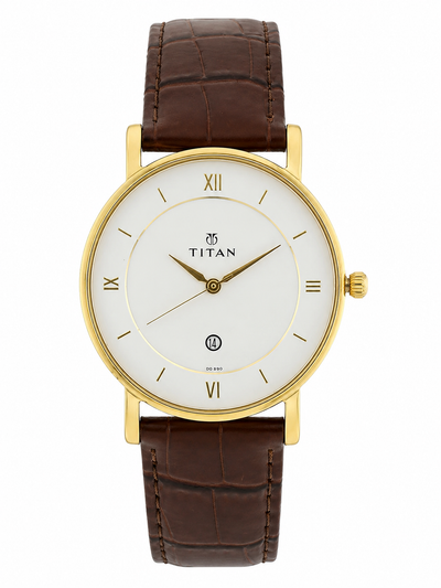 Titan Round White Dial Analog Watch With Date Display & Leather Strap - NU9162YL01-MS