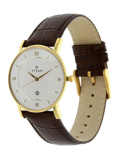 Titan Round White Dial Analog Watch With Date Display & Leather Strap - NU9162YL01-MS
