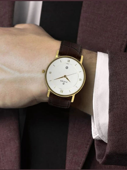 Titan Round White Dial Analog Watch With Date Display & Leather Strap - NU9162YL01-MS