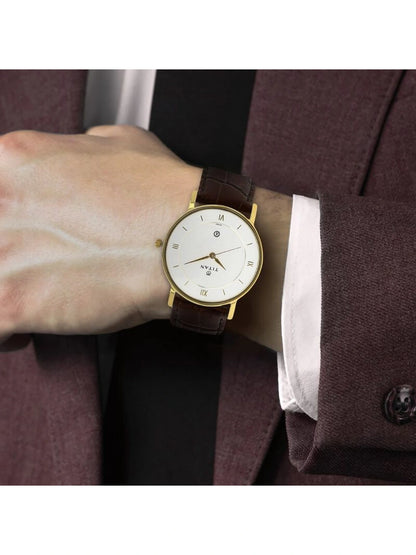 Titan Round White Dial Analog Watch With Date Display & Leather Strap - NU9162YL01-MS