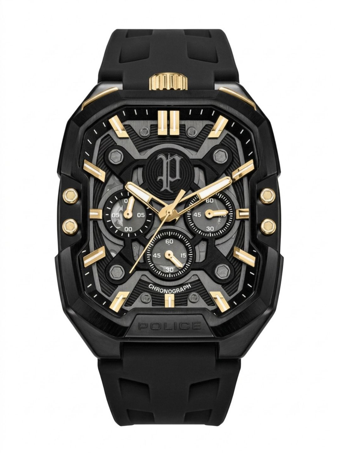 Police Rectangle Black Dial Chronograph Watch With Silicone Strap - PLPEWGO0092204