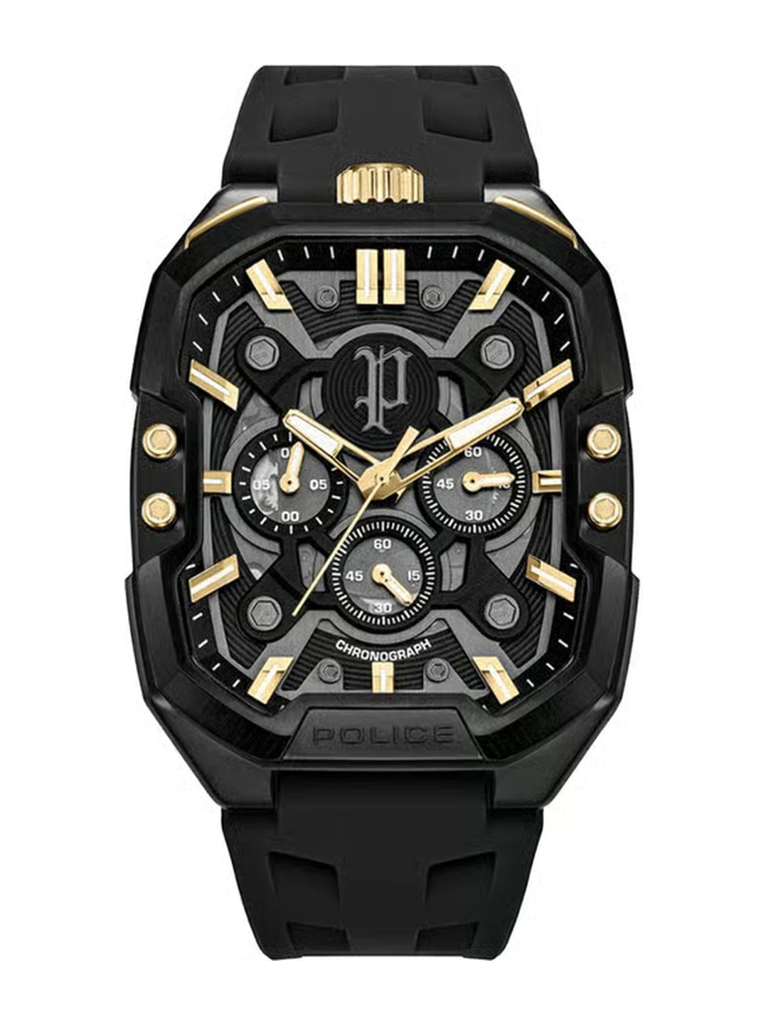 Police Rectangle Black Dial Chronograph Watch With Silicone Strap  - PLPEWGO0092204
