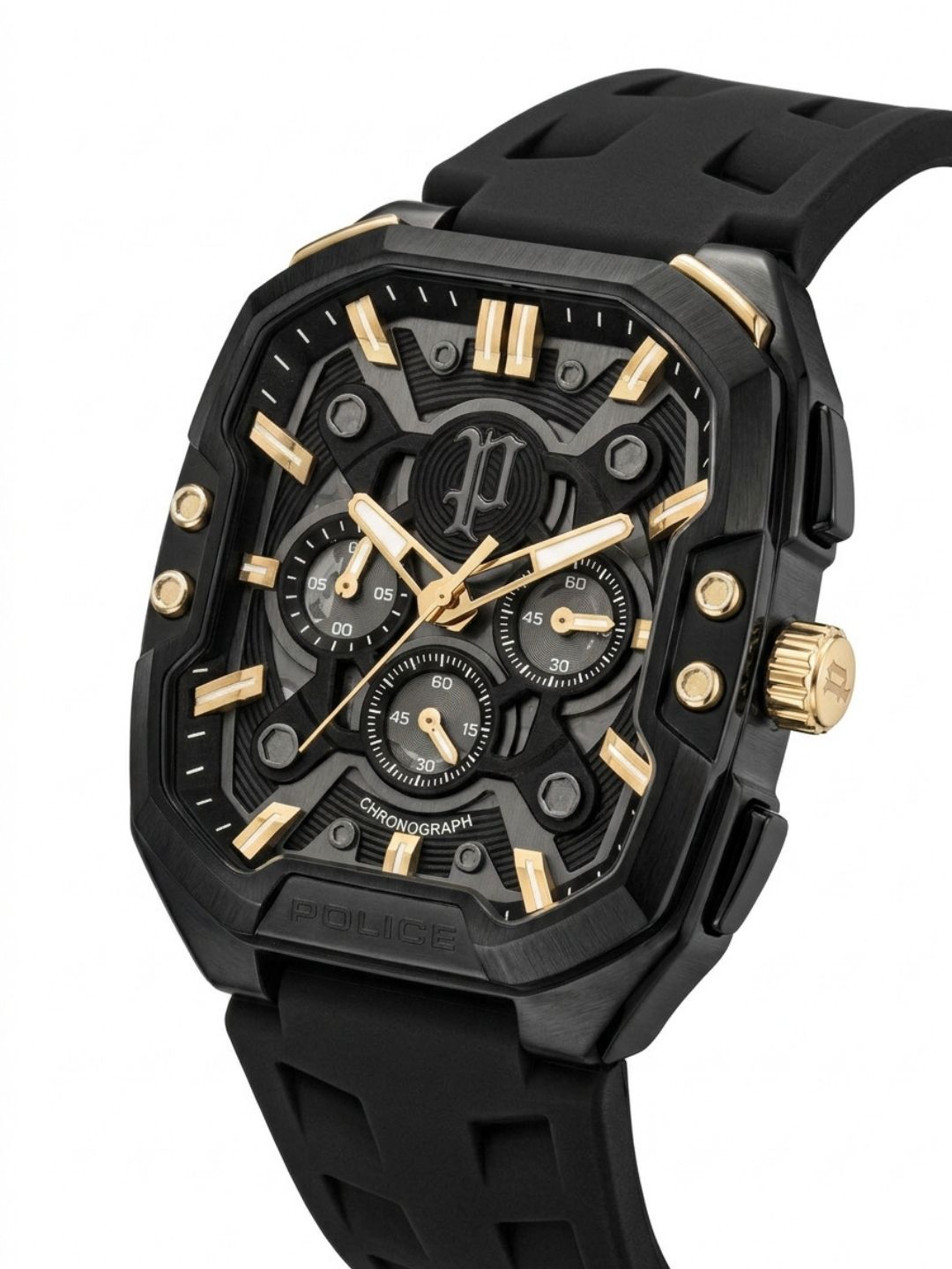 Police Rectangle Black Dial Chronograph Watch With Silicone Strap - PLPEWGO0092204