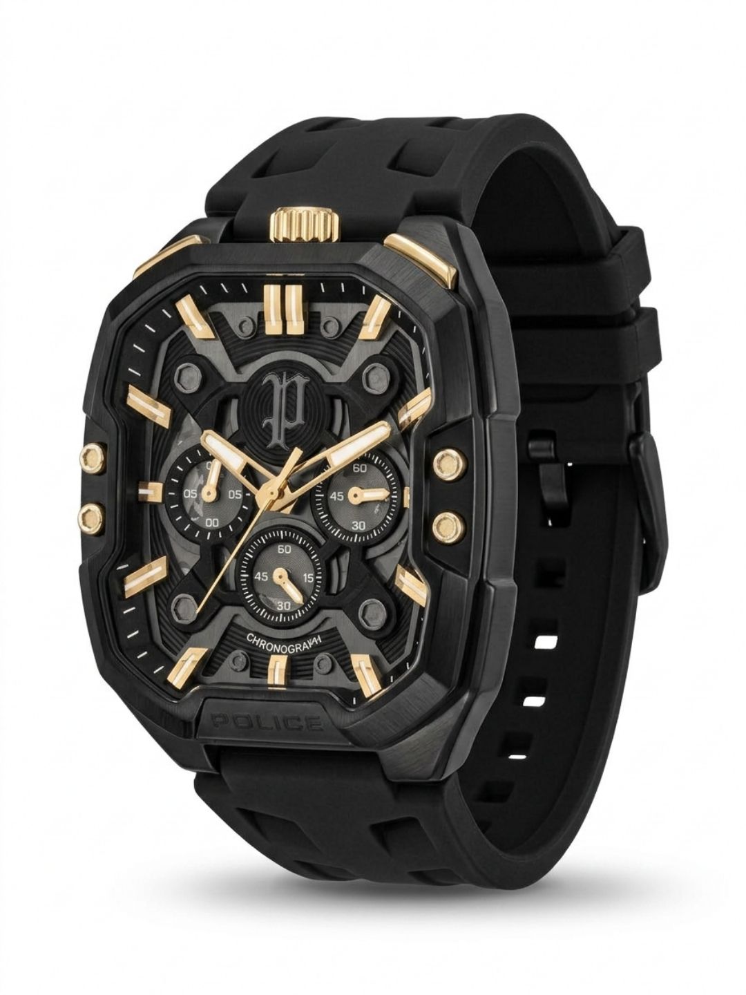 Police Rectangle Black Dial Chronograph Watch With Silicone Strap - PLPEWGO0092204