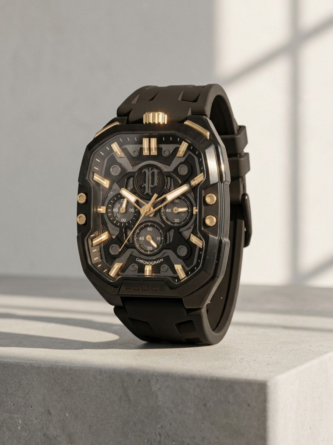 Police Rectangle Black Dial Chronograph Watch With Silicone Strap - PLPEWGO0092204